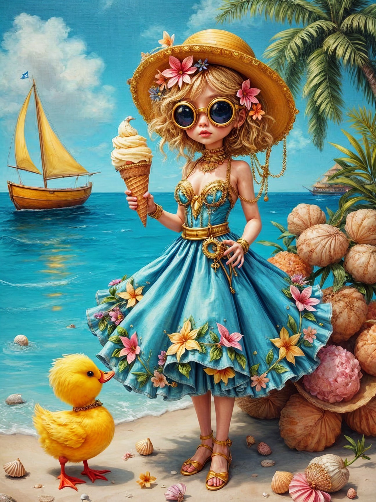 Charming girl in blue dress on sunny beach scene
