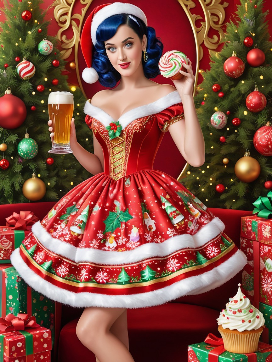 Festive Scene with Woman in Red Christmas Dress