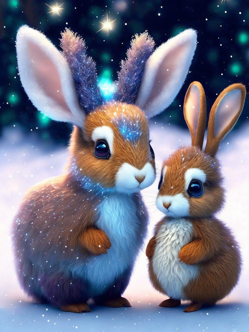 Fluffy Rabbits in a Serene Winter Wonderland Scene