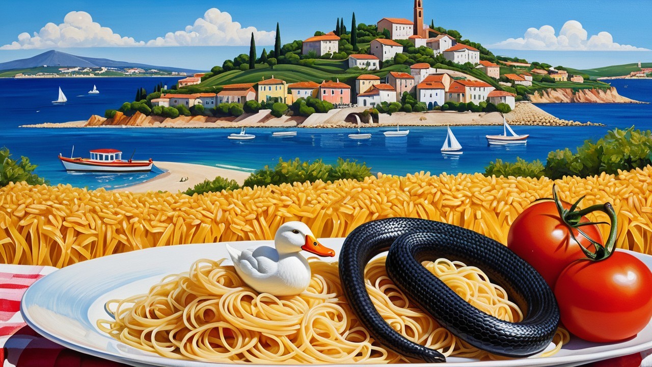 Vibrant Island Landscape with Whimsical Spaghetti Scene