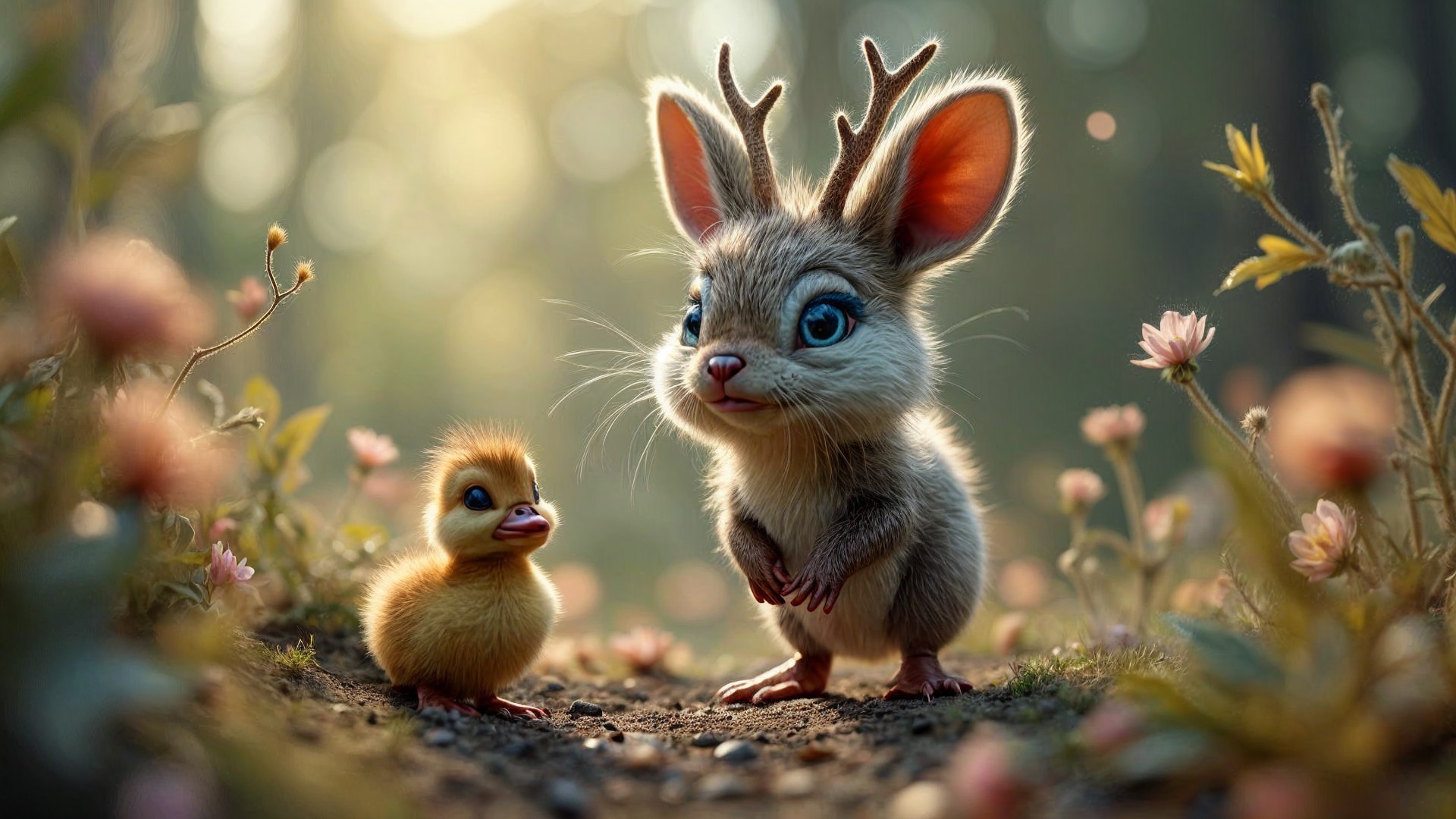 Whimsical Forest Scene with Rabbit-like Creature and Duckling