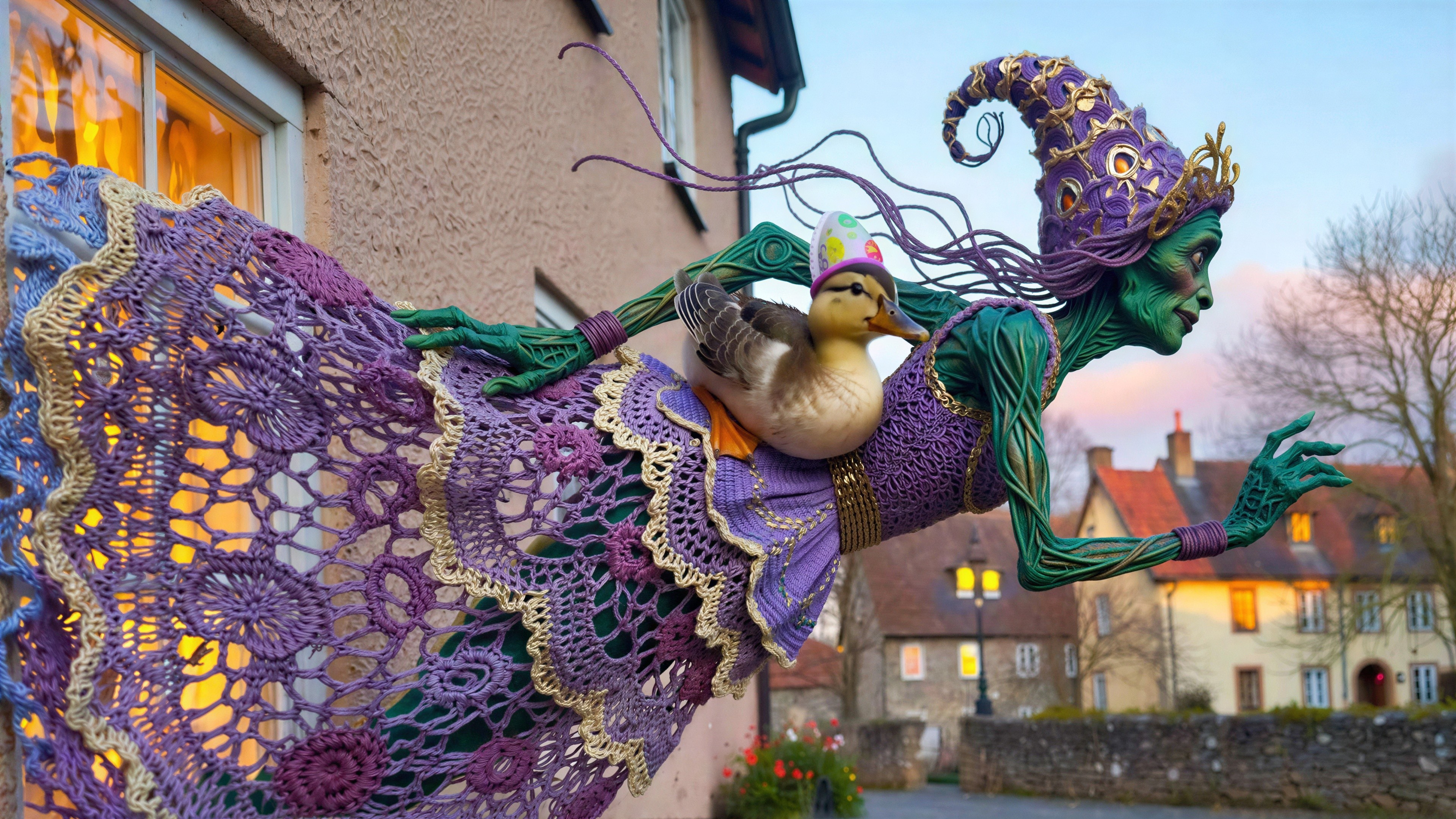 Witch with Duck in Vibrant Crochet Fantasy Scene