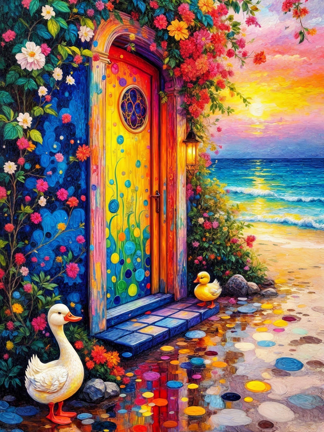 Colorful Door and Ducks at Sunset by the Ocean
