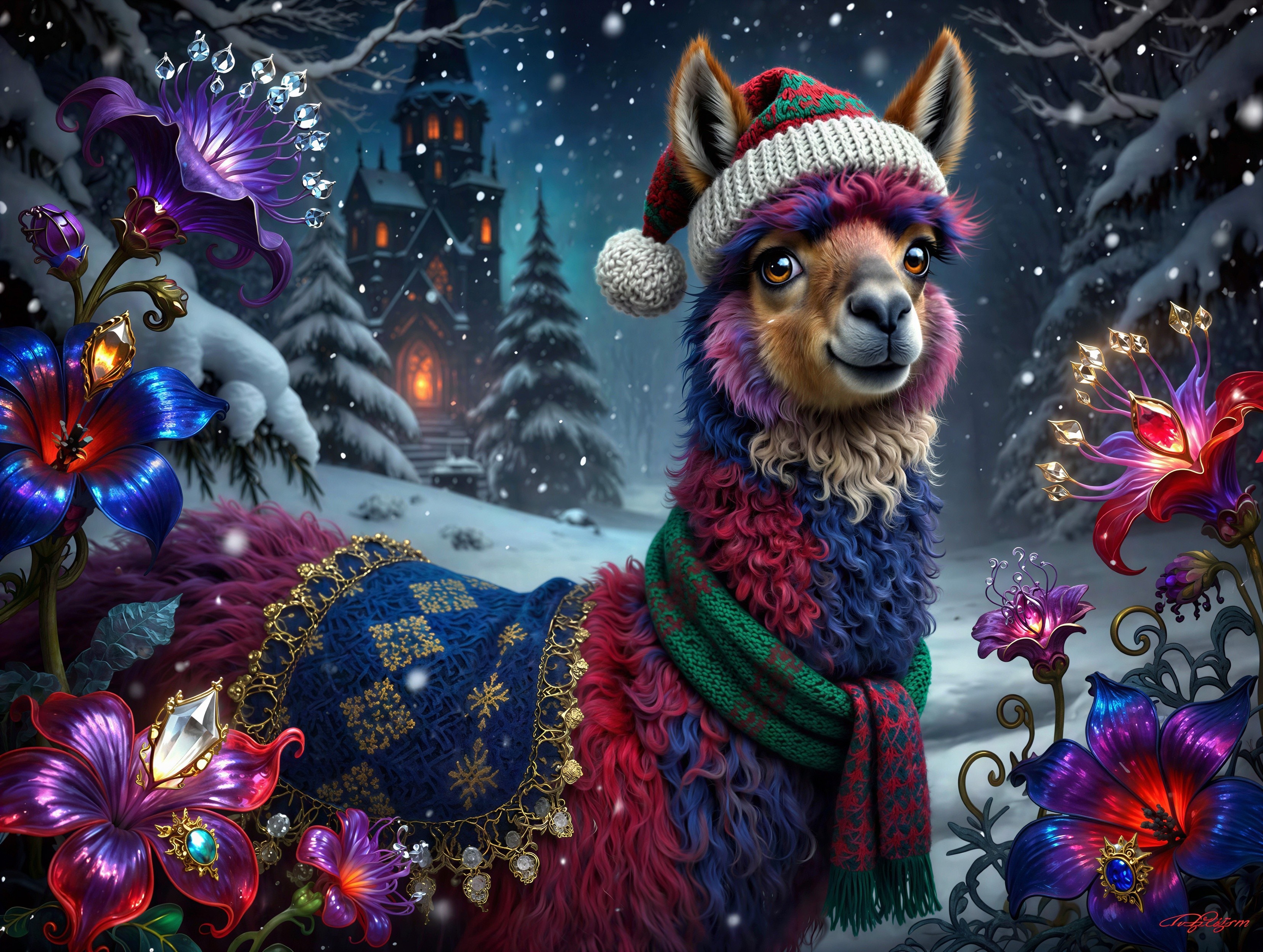 Colorful Festive Llama in Winter Wonderland Scene