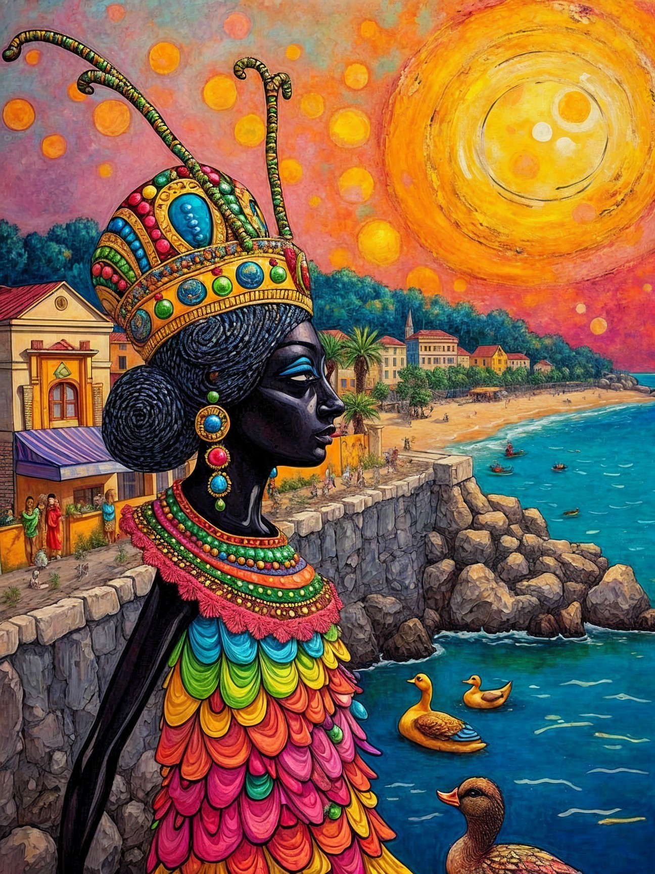 Vibrant Woman in Colorful Dress by Coastal Scene