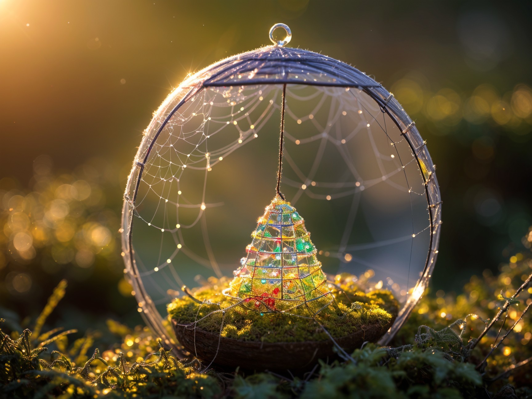 Delicate glass orb with miniature tree and spiderwebs