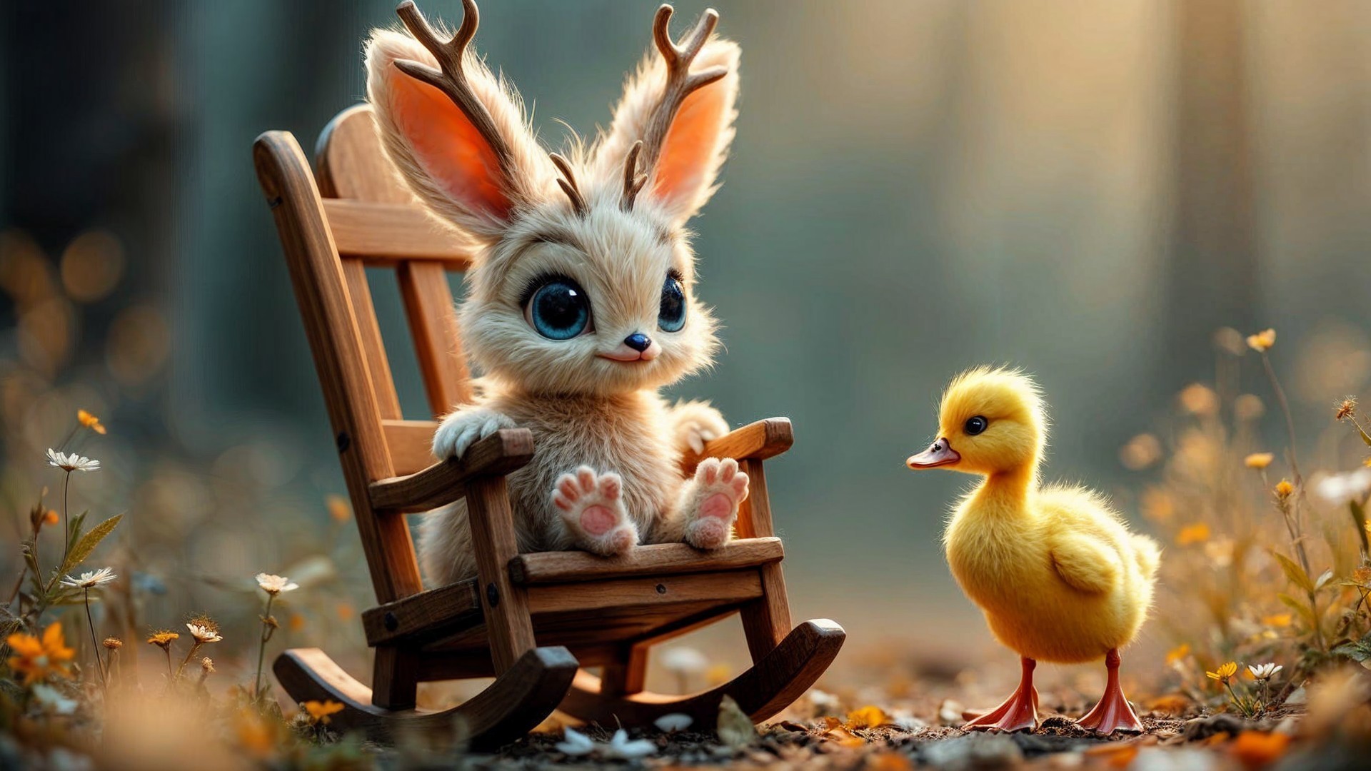 Fluffy Creature and Duckling in Flower Field Scene