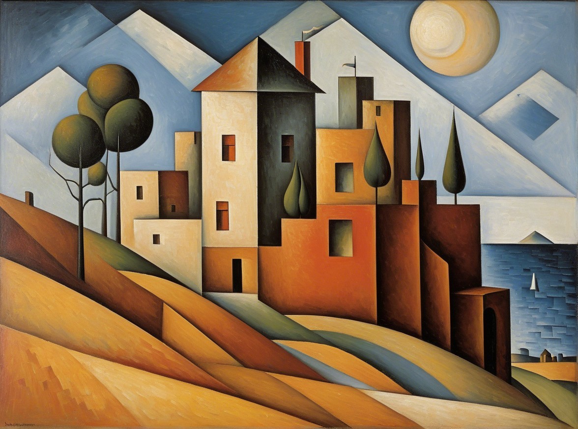 Geometric Landscape of a Serene Village Scene
