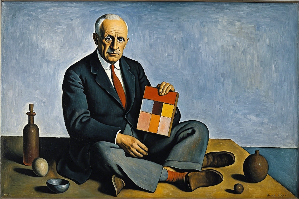 Seated Man with Color Grid and Geometric Objects
