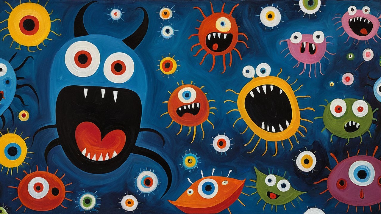 Whimsical Monsters and Microorganisms on Blue Background