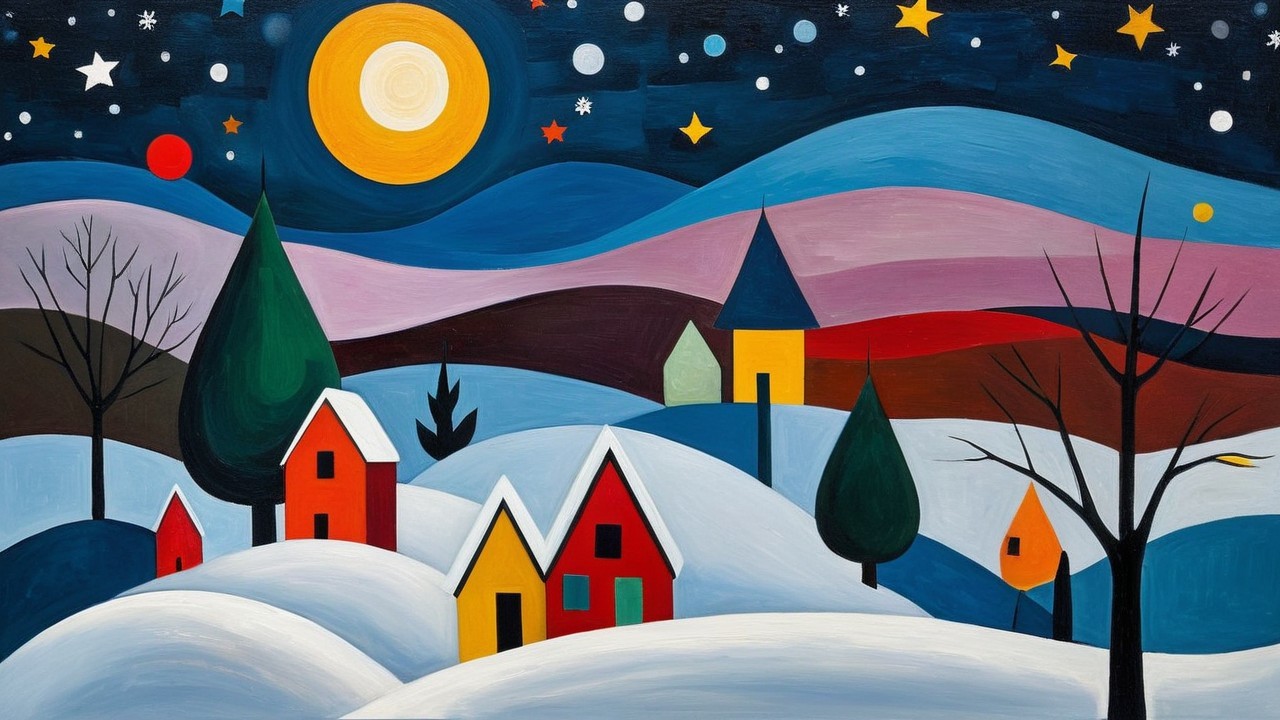 Vibrant Winter Landscape with Colorful Houses and Trees
