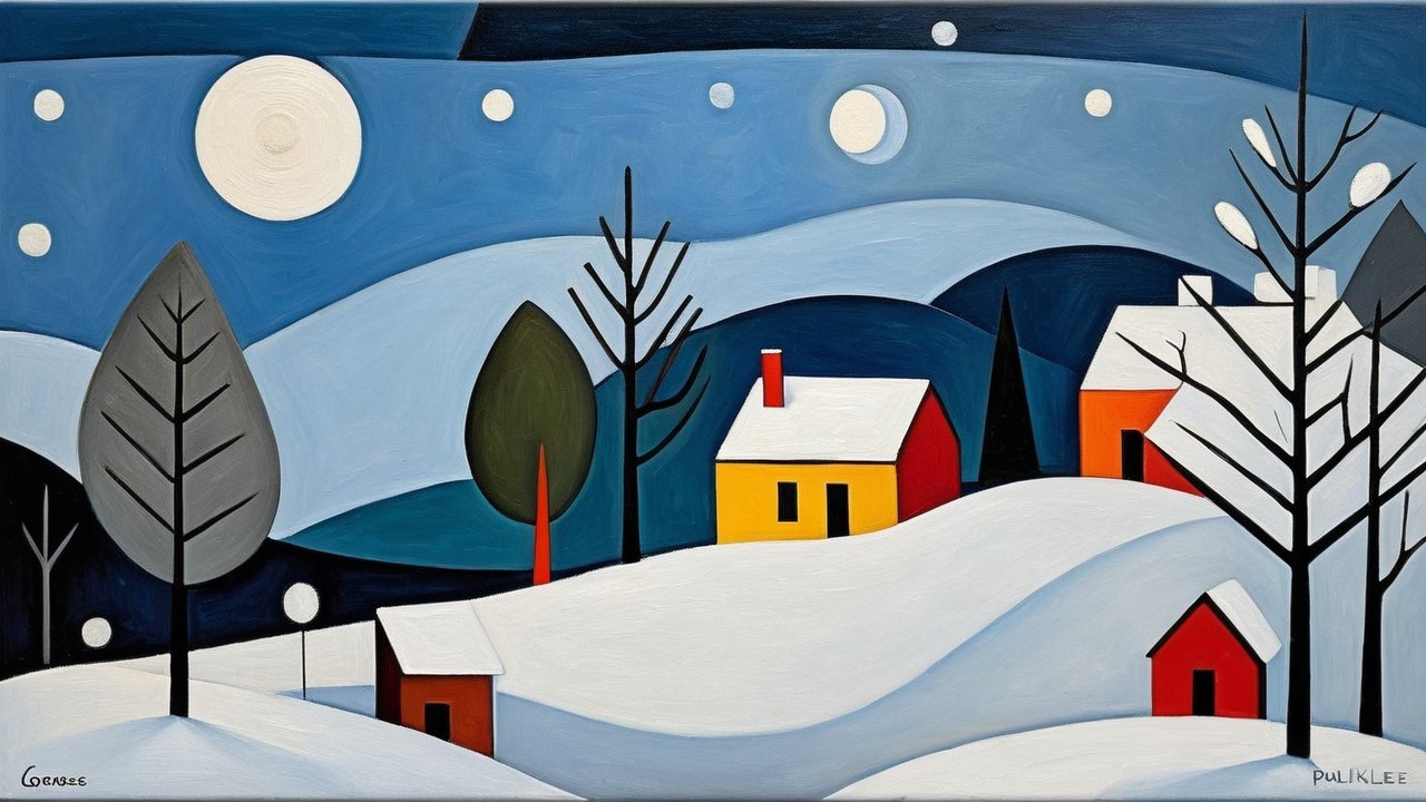 Vibrant Winter Landscape with Colorful Houses and Moon