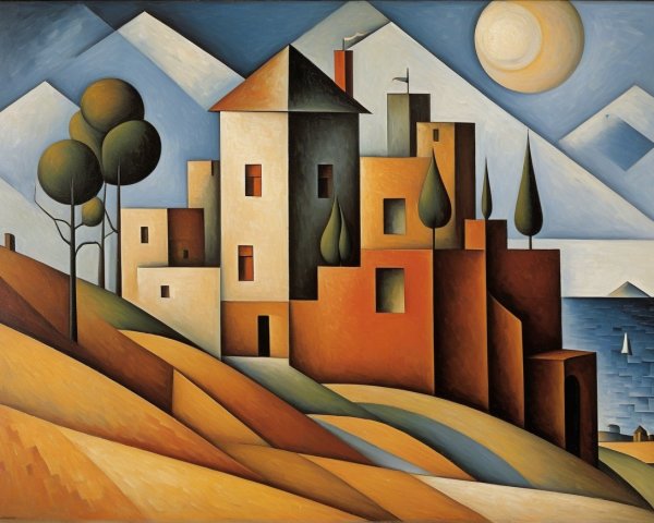 Geometric Landscape of a Serene Village Scene