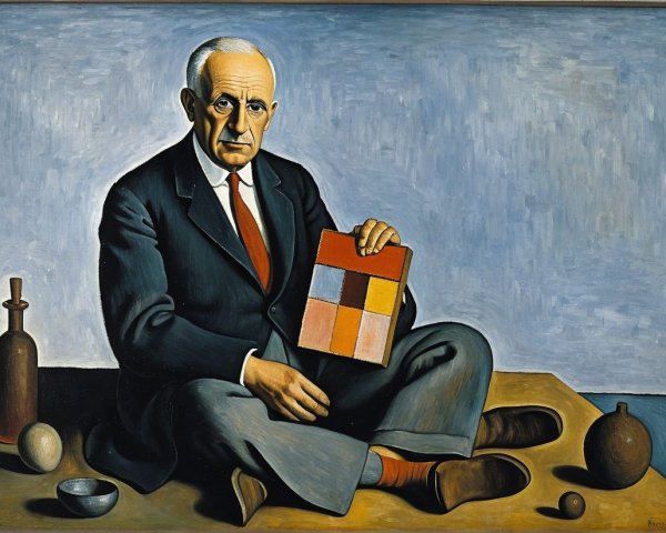 Seated Man with Color Grid and Geometric Objects