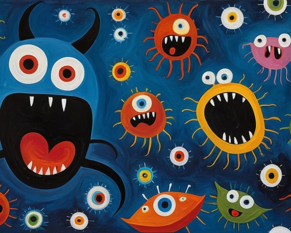 Whimsical Monsters and Microorganisms on Blue Background