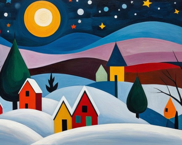 Vibrant Winter Landscape with Colorful Houses and Trees
