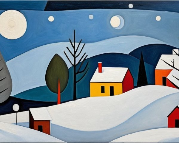 Vibrant Winter Landscape with Colorful Houses and Moon