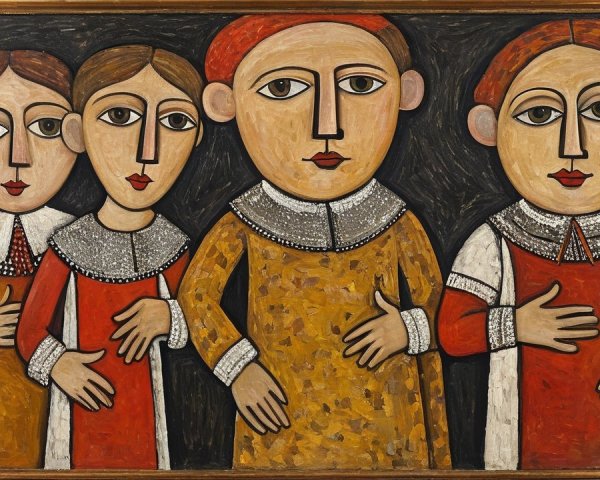 Stylized Figures with Exaggerated Features on Dark Background