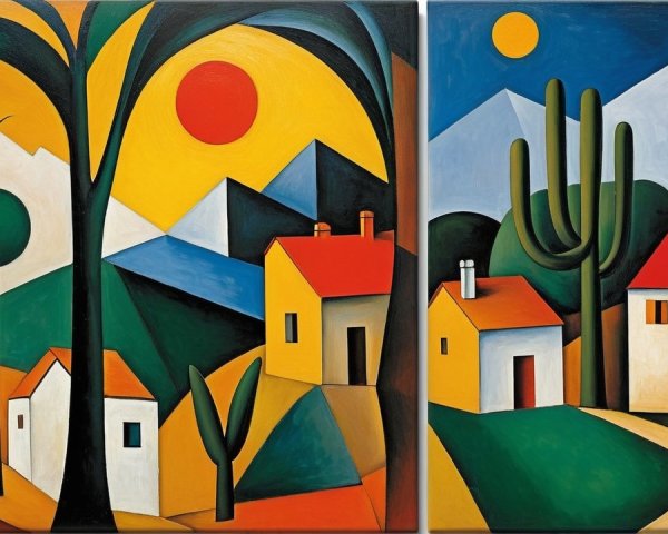 Geometric Landscape Painting in Two Vibrant Panels