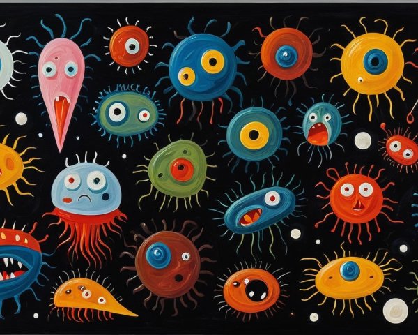 Colorful Cartoon Microorganisms on Black Background