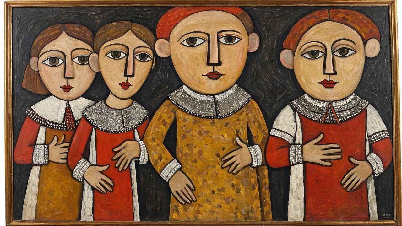 Stylized Figures with Exaggerated Features on Dark Background