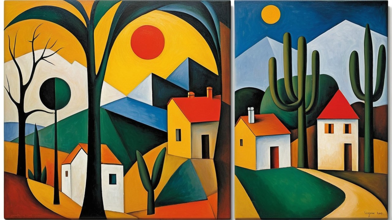 Geometric Landscape Painting in Two Vibrant Panels