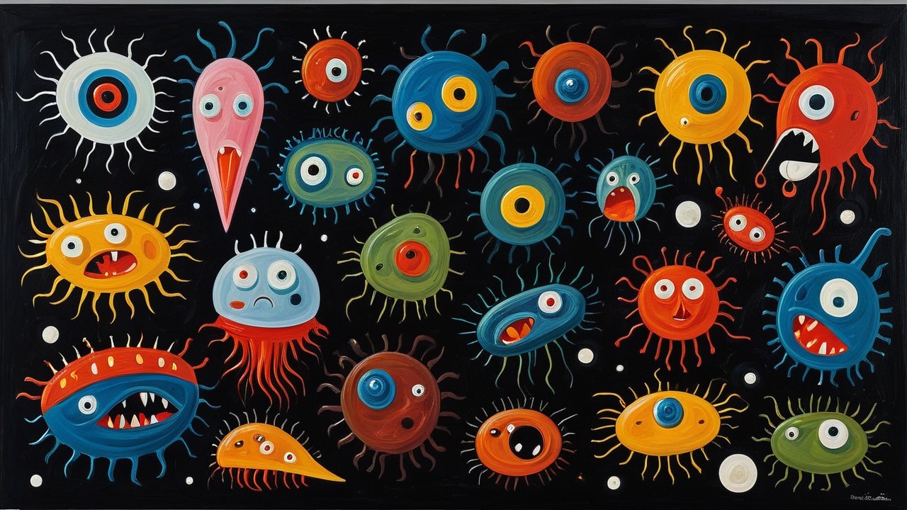 Colorful Cartoon Microorganisms on Black Background