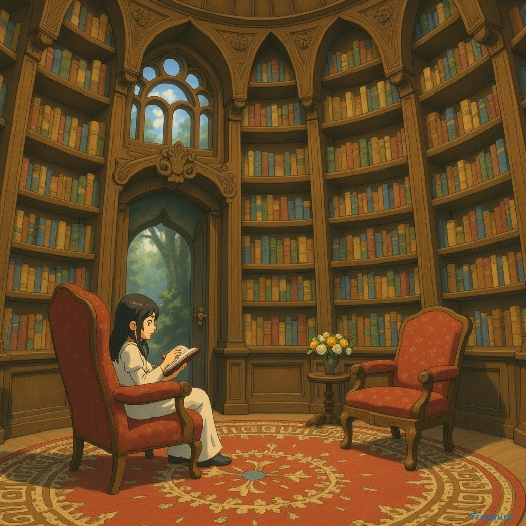 Cozy Library Setting with Young Girl Reading
