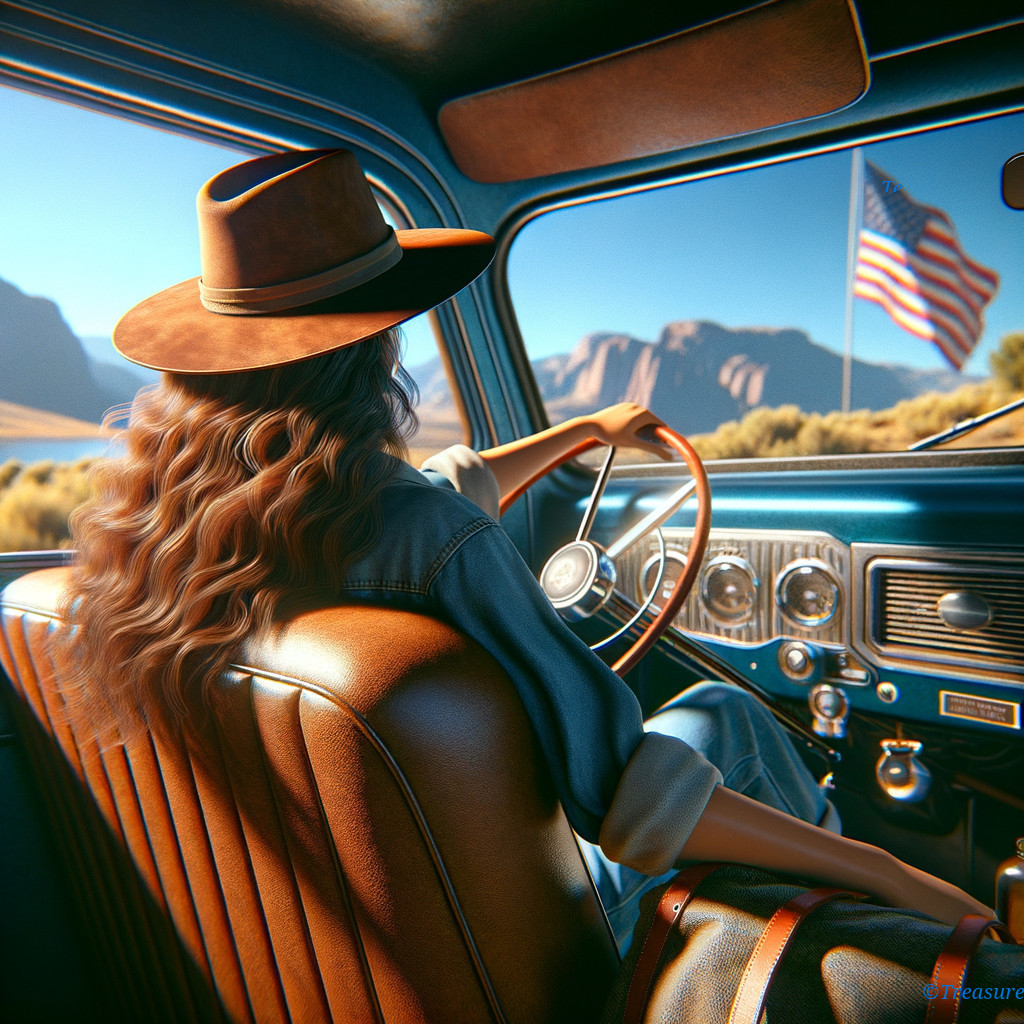 Woman in vintage car drives through desert landscape