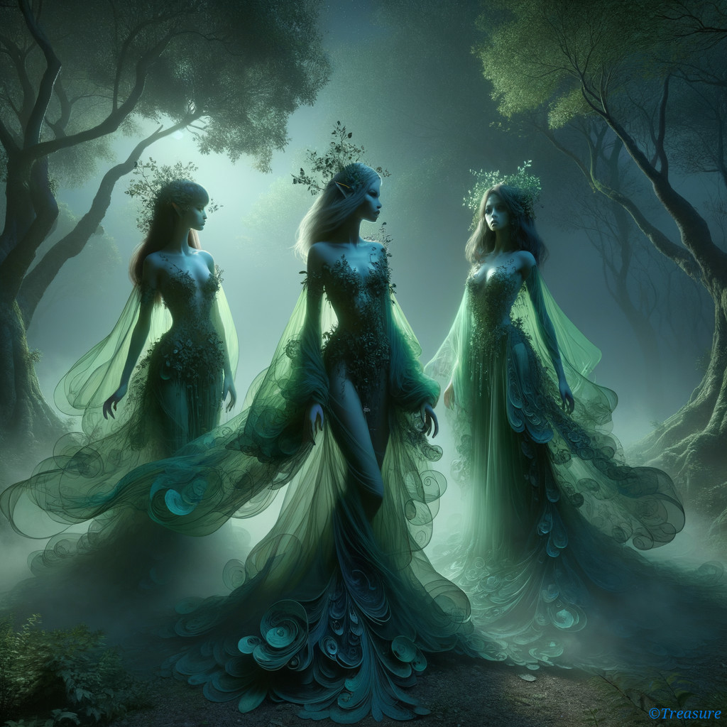 Ethereal Figures in a Misty Forest Setting