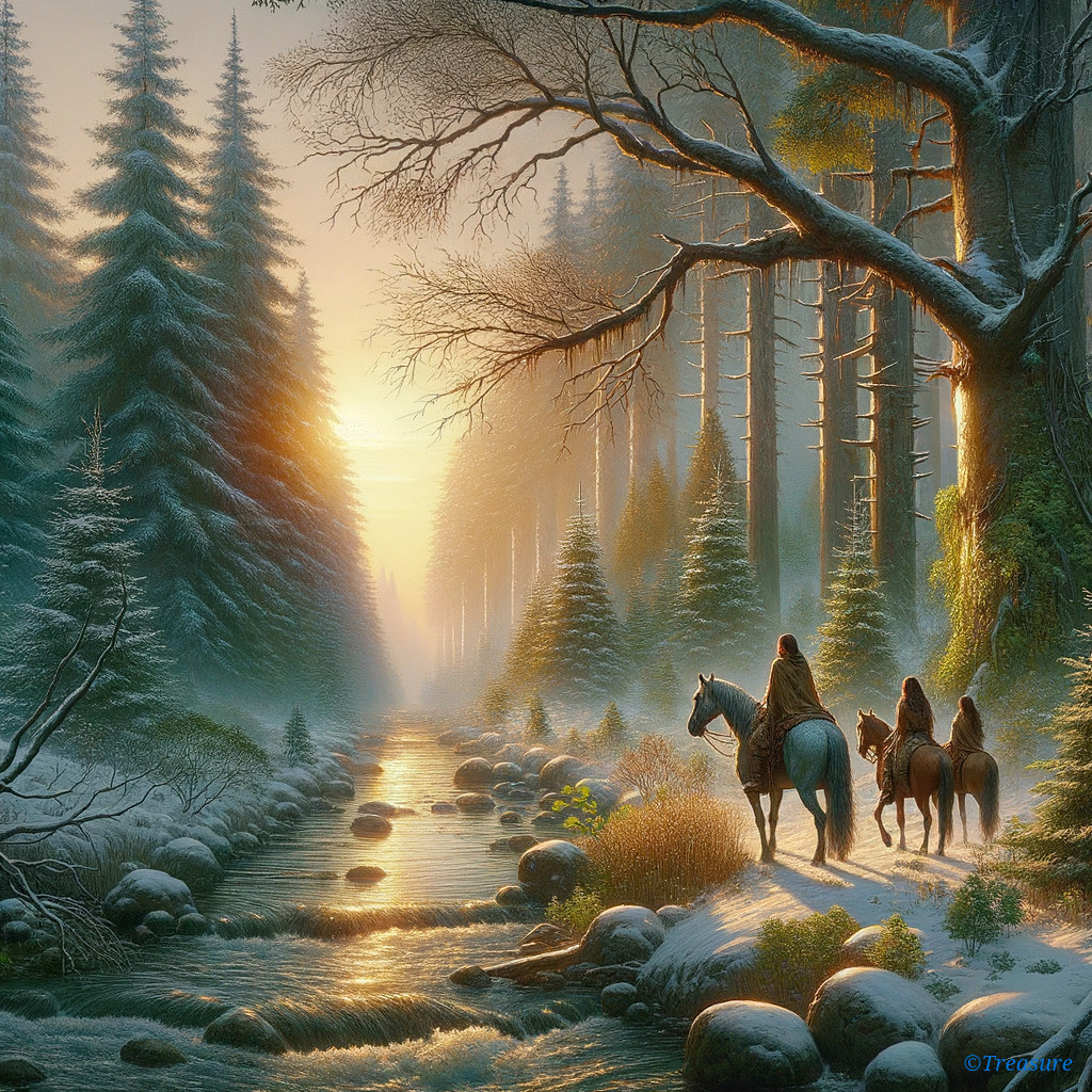 Riders on Horseback in a Snowy Forest Landscape
