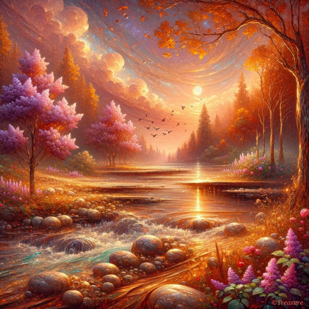 Serene Sunset Landscape with Vibrant Trees and River