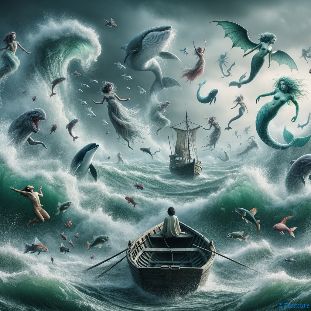 Rowboat in Turbulent Seas with Mythical Sea Creatures