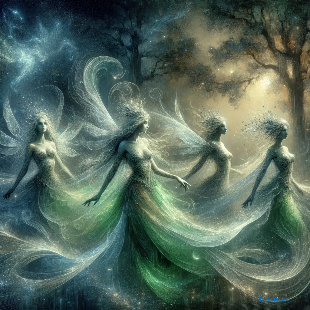 Ethereal Figures in Nature with Flowing Patterns