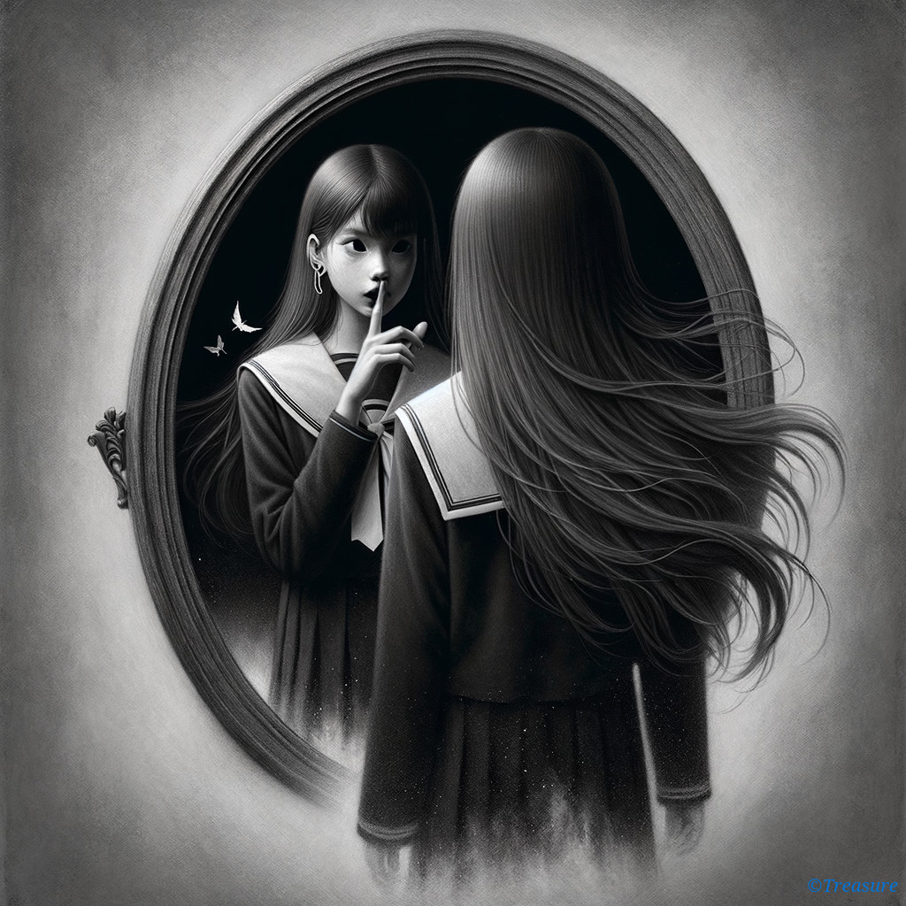 Girl in Dark Uniform Before Ornate Mirror Reflection
