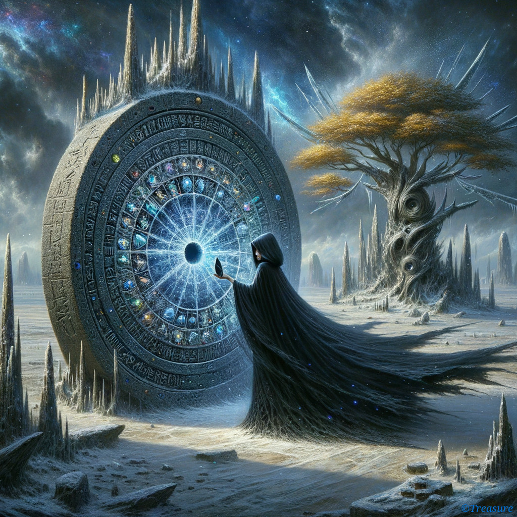 Cloaked Figure Before Ornate Wheel in Surreal Landscape