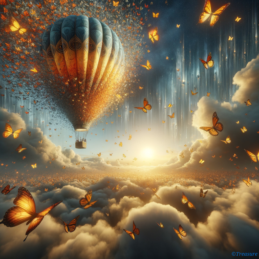 Hot Air Balloon Amidst Clouds and Golden Butterflies