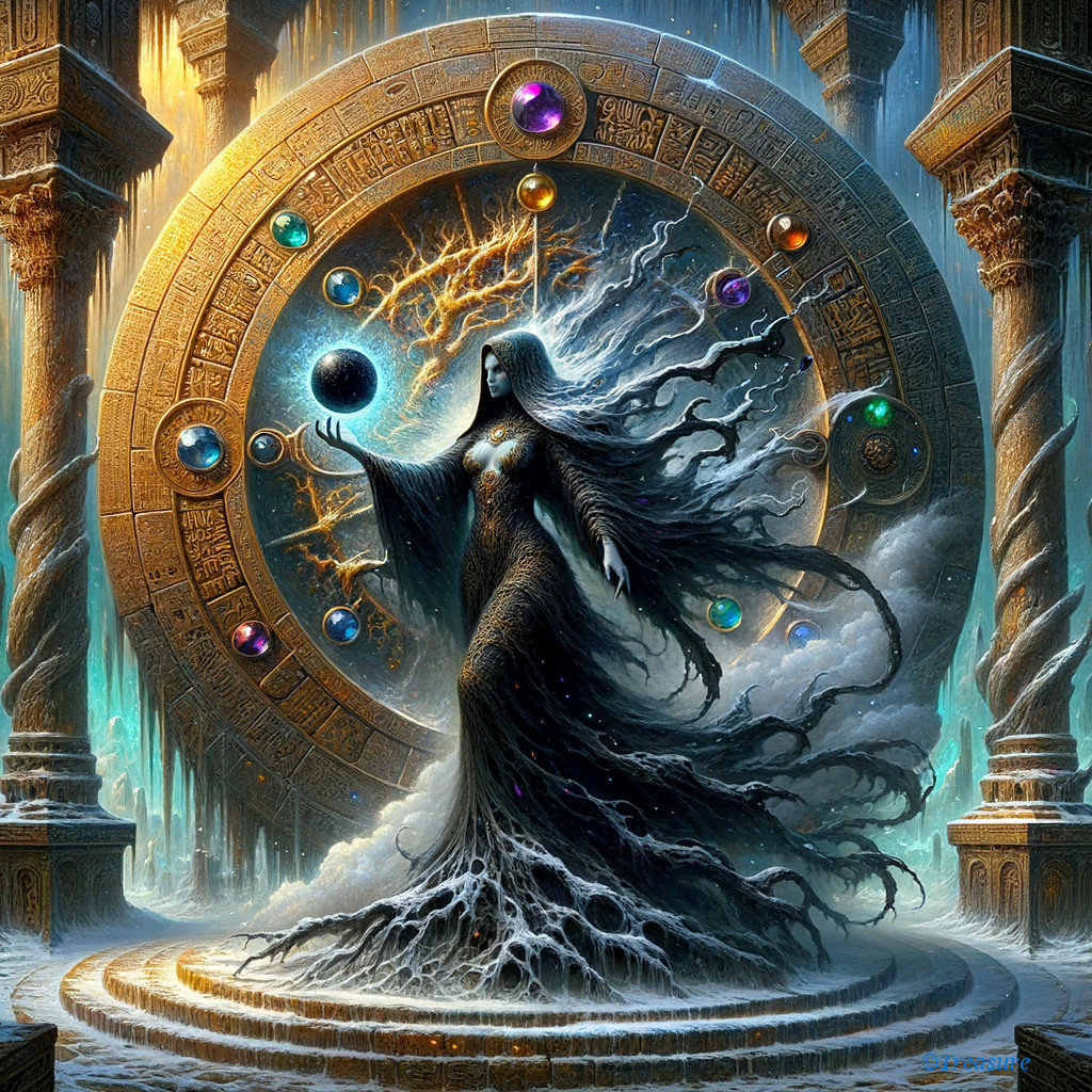 Mystical figure before ancient portal with lightning and mist