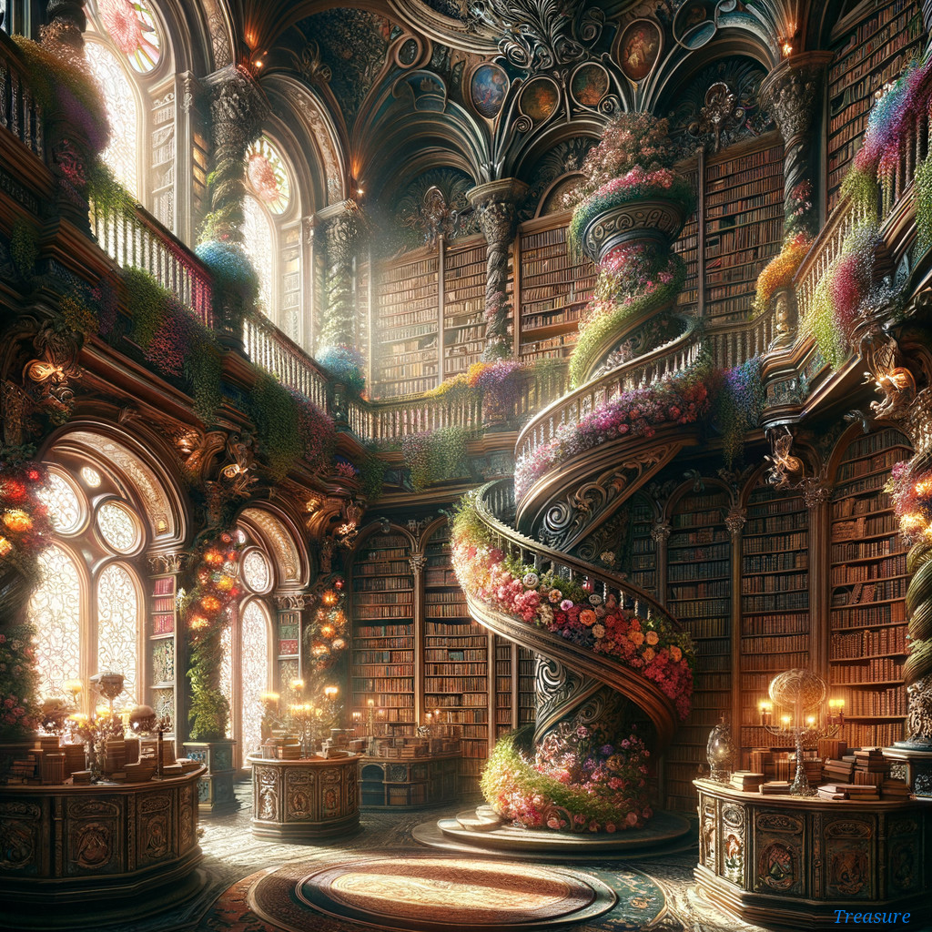 Magnificent library with flowers and grand staircase