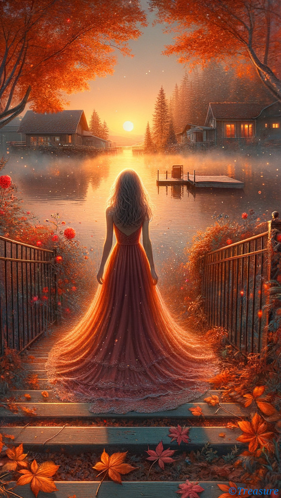 Serene Autumn Scene by a Lake at Sunset