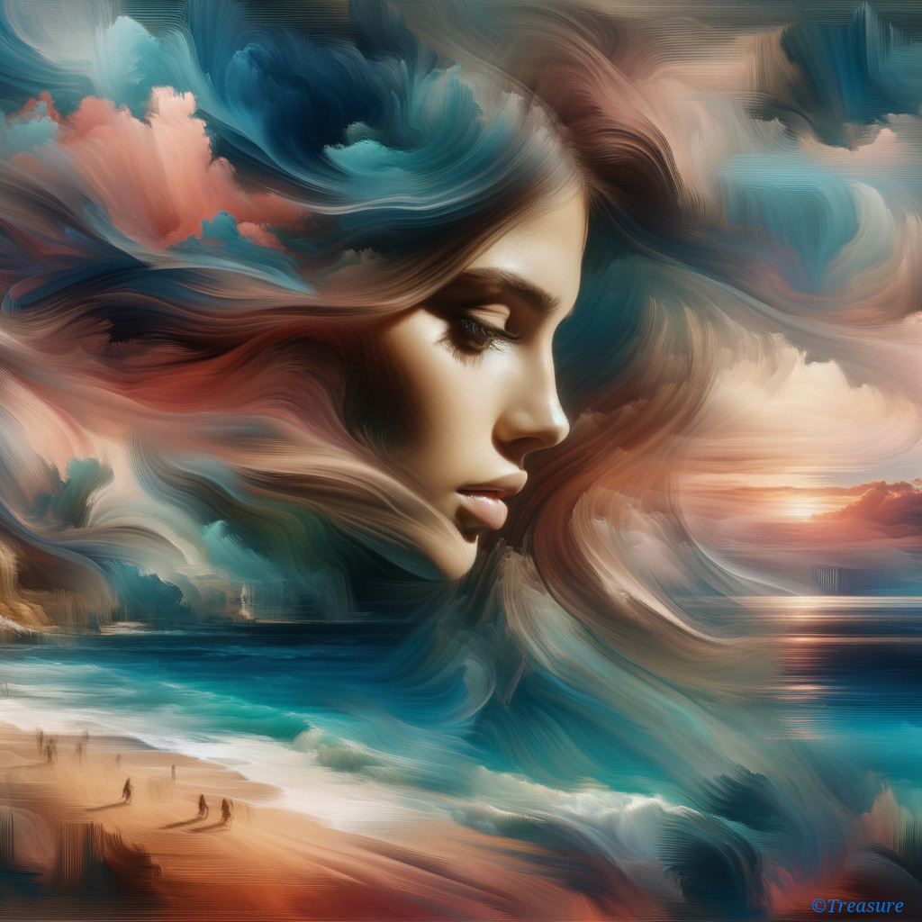 Ethereal Woman Profile with Vibrant Landscape Background