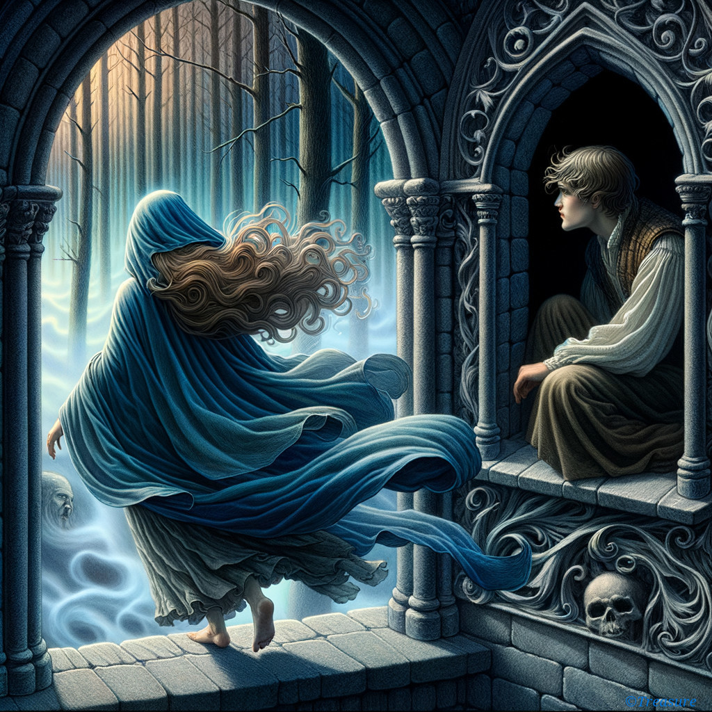 Cloaked Figure in Enchanted Forest with Young Observer