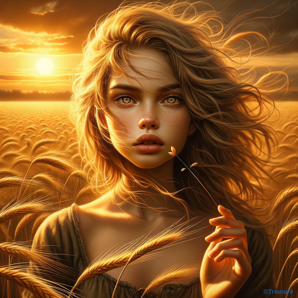 Young woman in golden wheat field at sunset