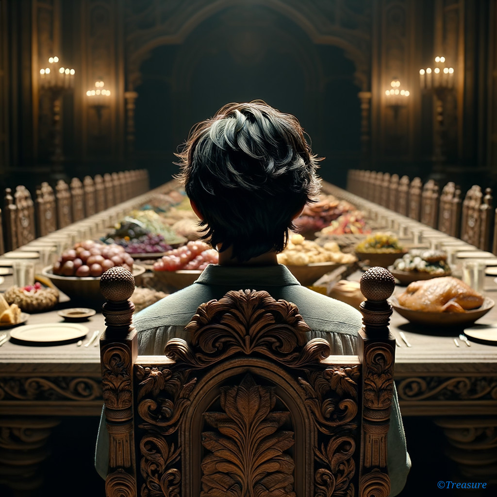 Person in Ornate Chair Observing Lavish Banquet