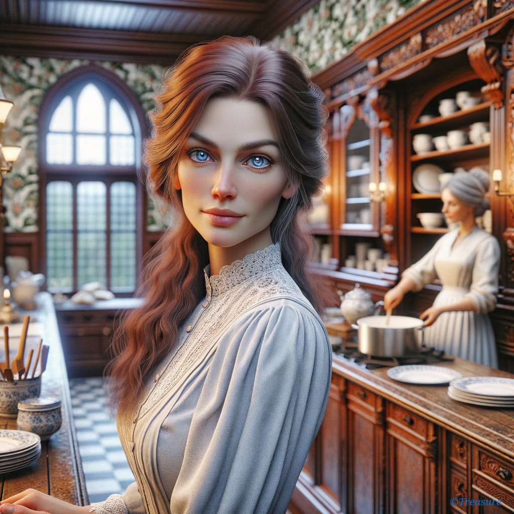 Vintage Kitchen Scene with Thoughtful Young Woman