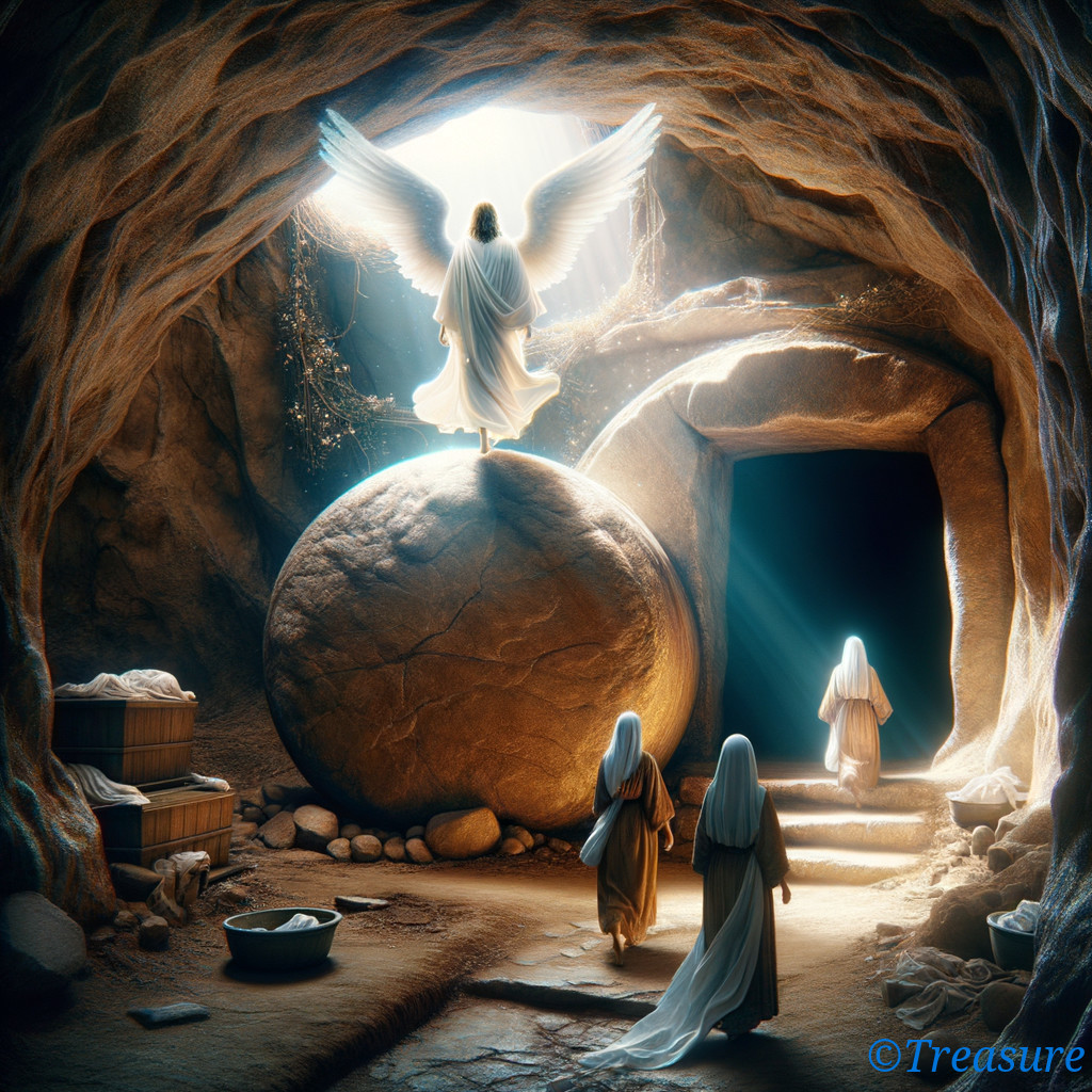 Cave Scene with Angelic Figure and Awe-Inspiring Figures