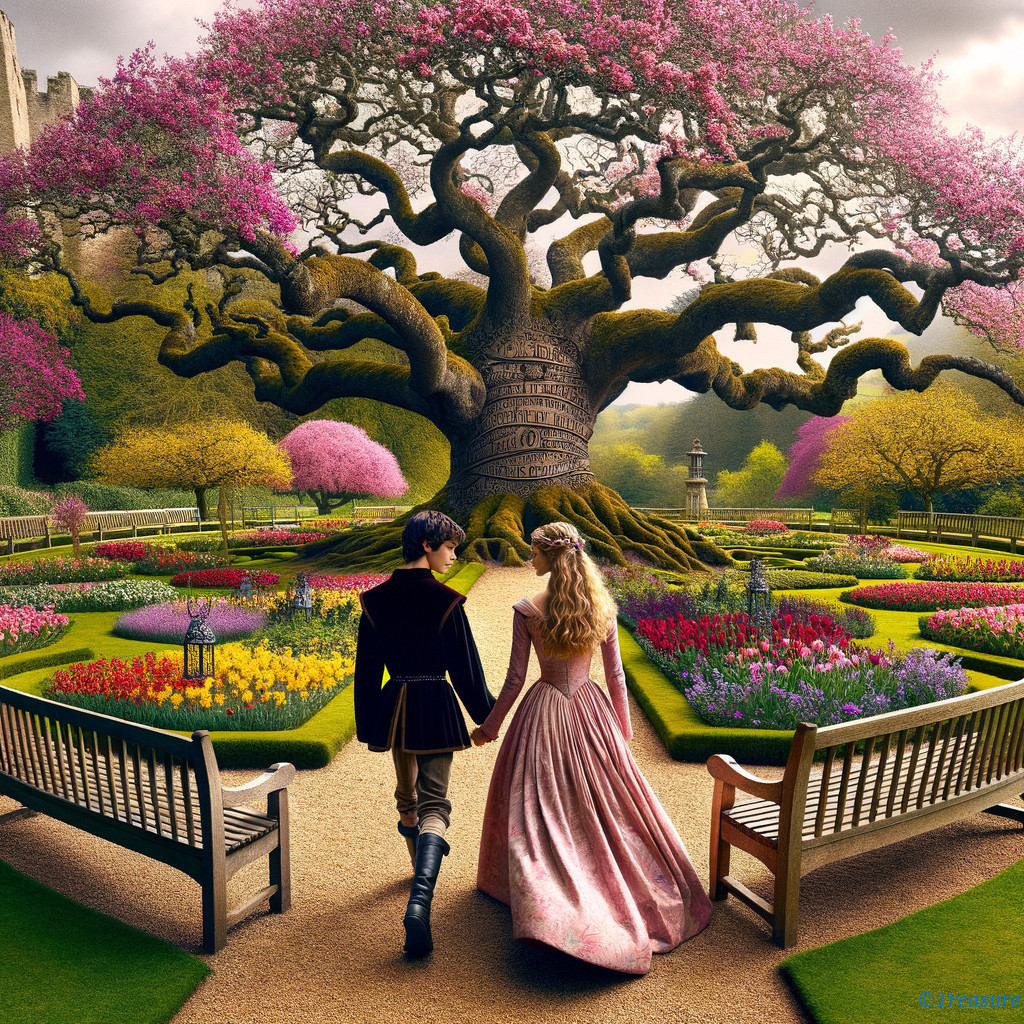 Magical garden scene with ancient tree and couple