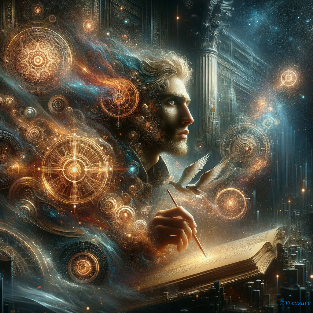 Contemplative Figure in Surreal Cosmic Landscape