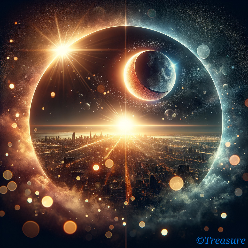 Crescent Moon and Planet Over City Skyline Scene