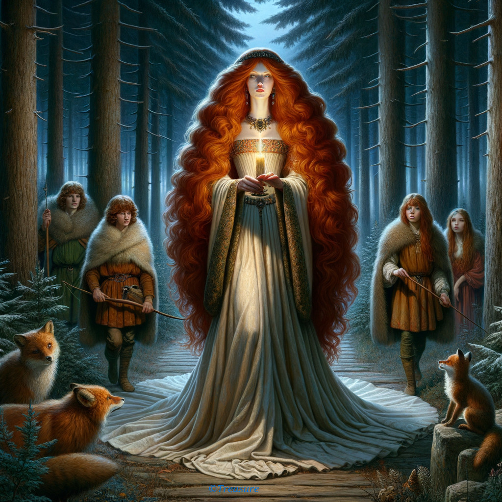 Regal woman in white gown holds glowing heart in forest